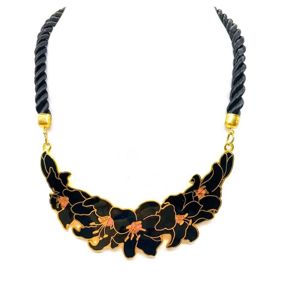 Vintage Black Floral Bib Choker Necklace with Gold Tone Accents and Twisted Cord - Picture 1 of 4